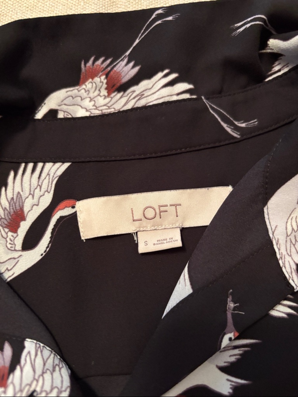 LOFT Black Crane Print Button-Down Blouse - Picture 2 of 7